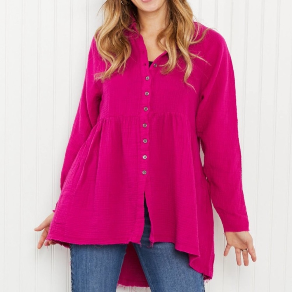 Zenana Bright and Airy Raw Edge Peplum Shirt w/ Pockets Hot Pink NWOT Women’s L